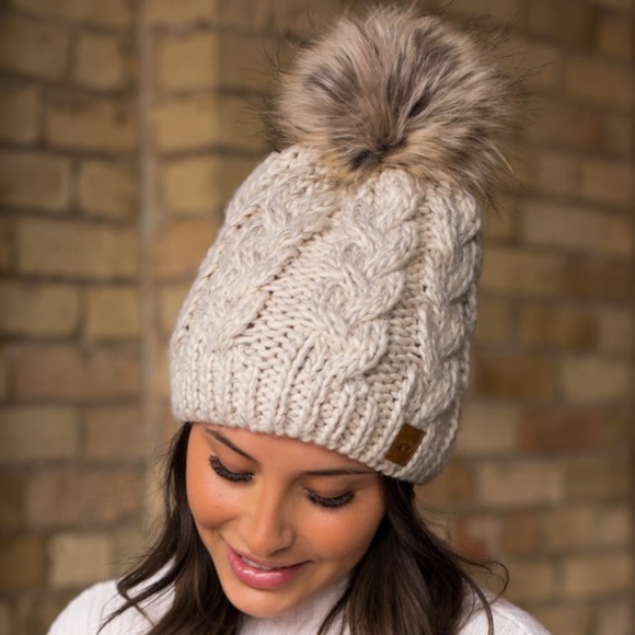 SOLD OUT Tan Cable Knit Faux Fur Pompom Beanie Fleece Lined Women's Winter Hat - Picture 2 of 4